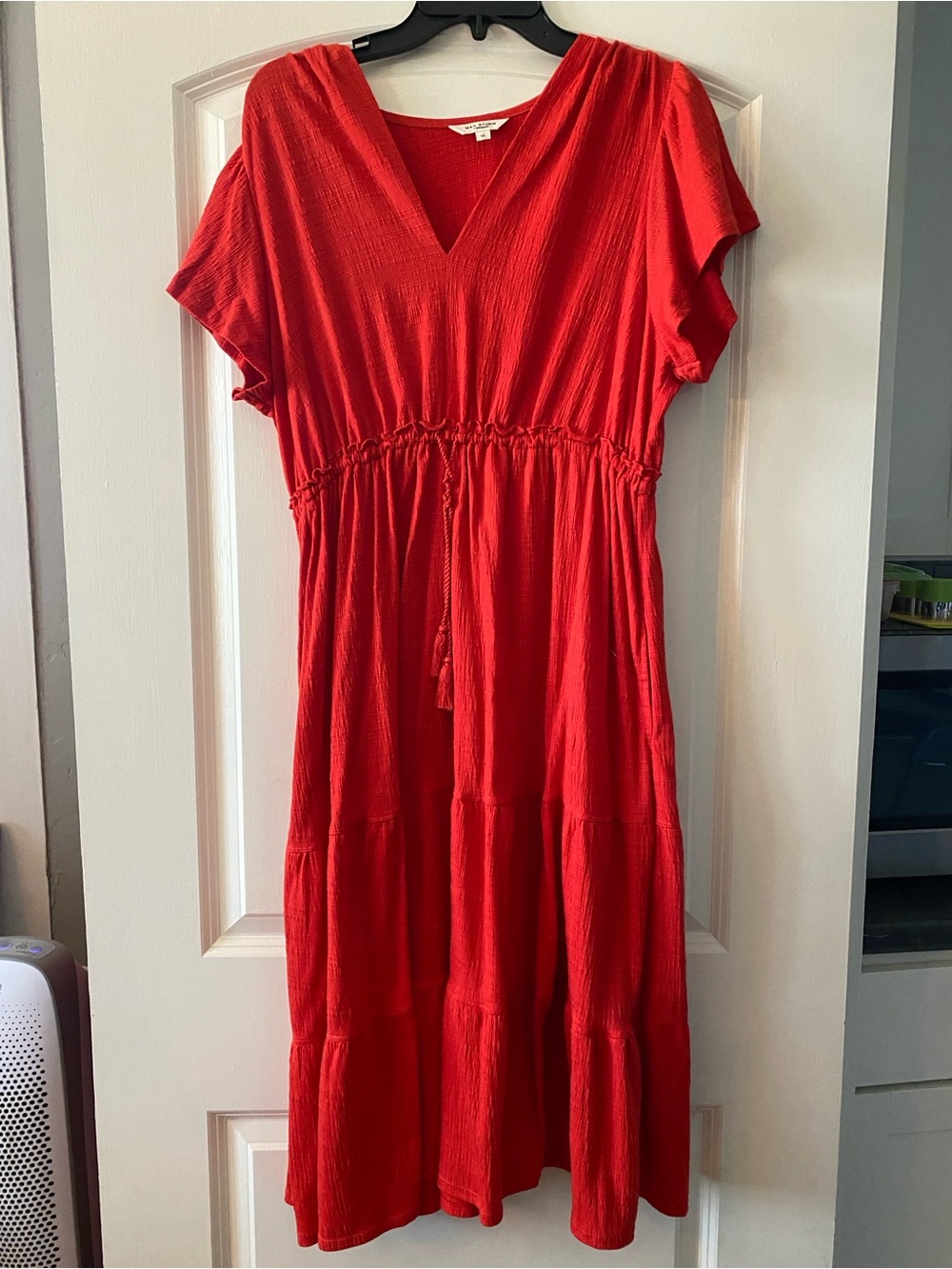 Max Studio Vibrant Red V-Neck Midi Dress with Drawstring Waist